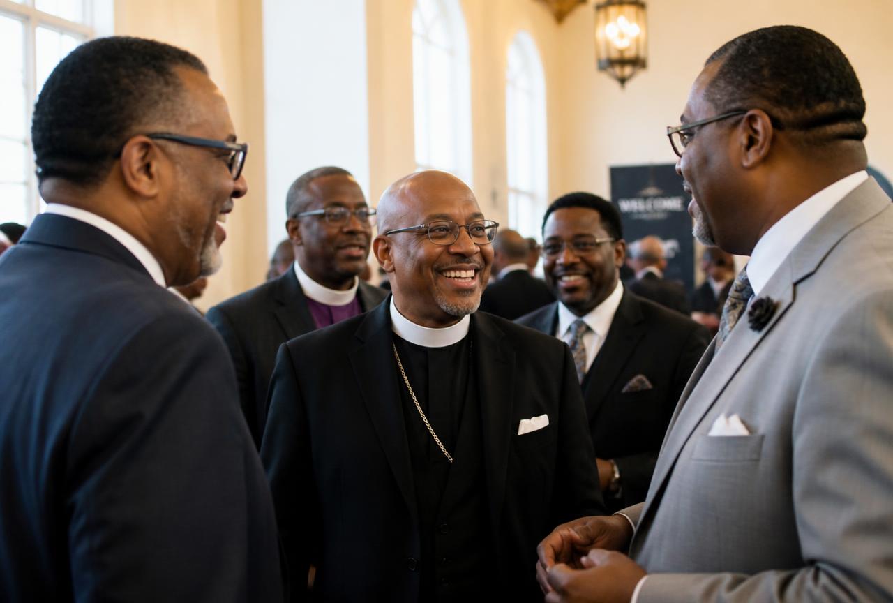 Pastors greeting one another before a conference session